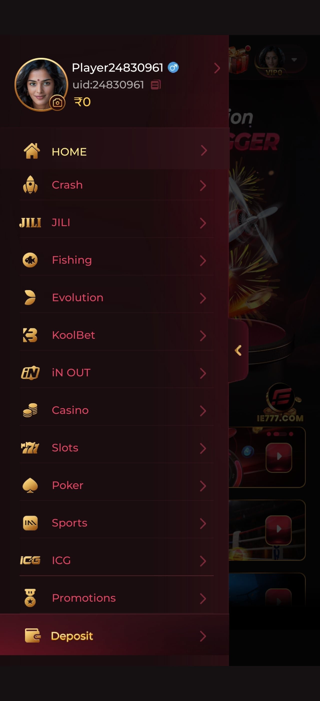 IN7 app side menu listing Crash, JILI, Fishing, Evolution, Casino, Slots, Poker and Sports categories