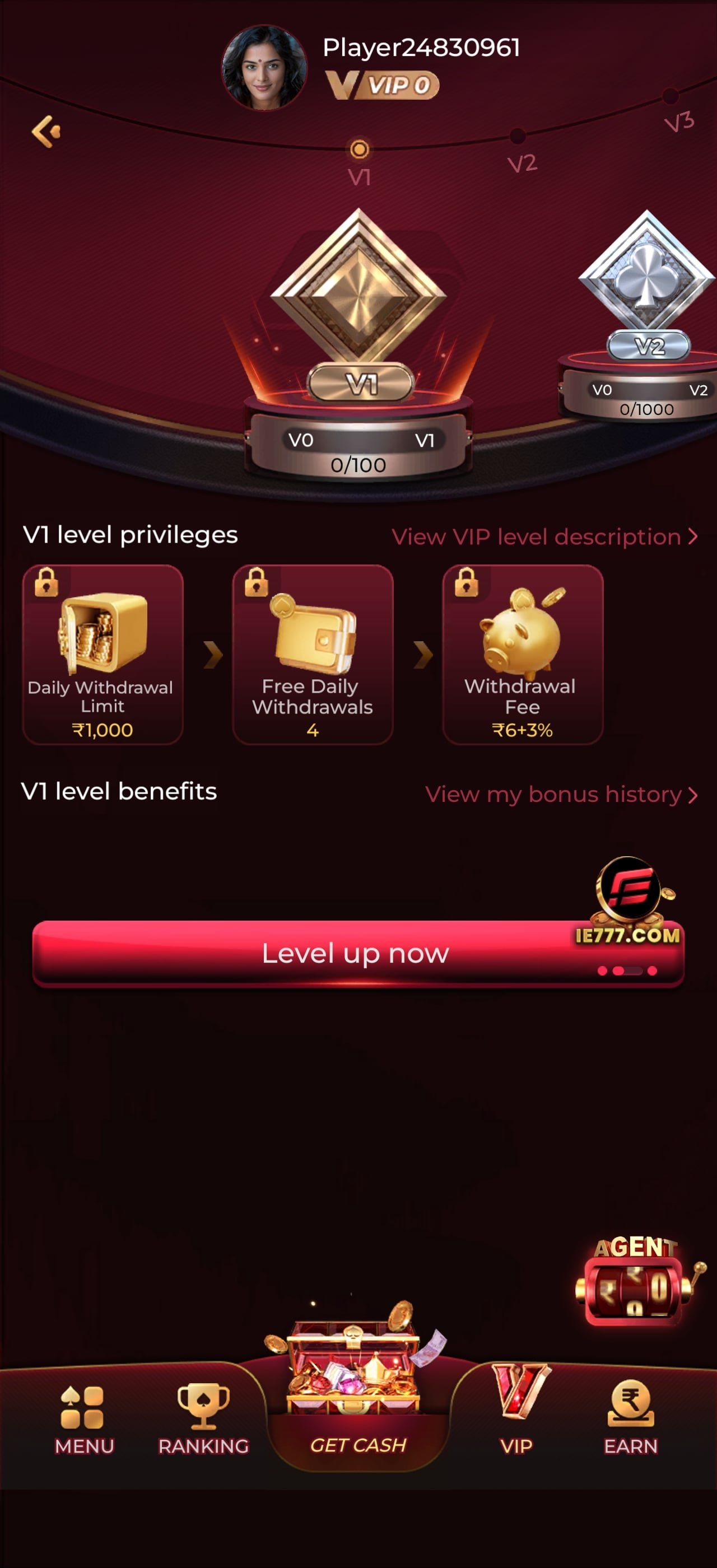 IN7 app VIP level screen showing daily withdrawal limit, free daily withdrawals and withdrawal fee