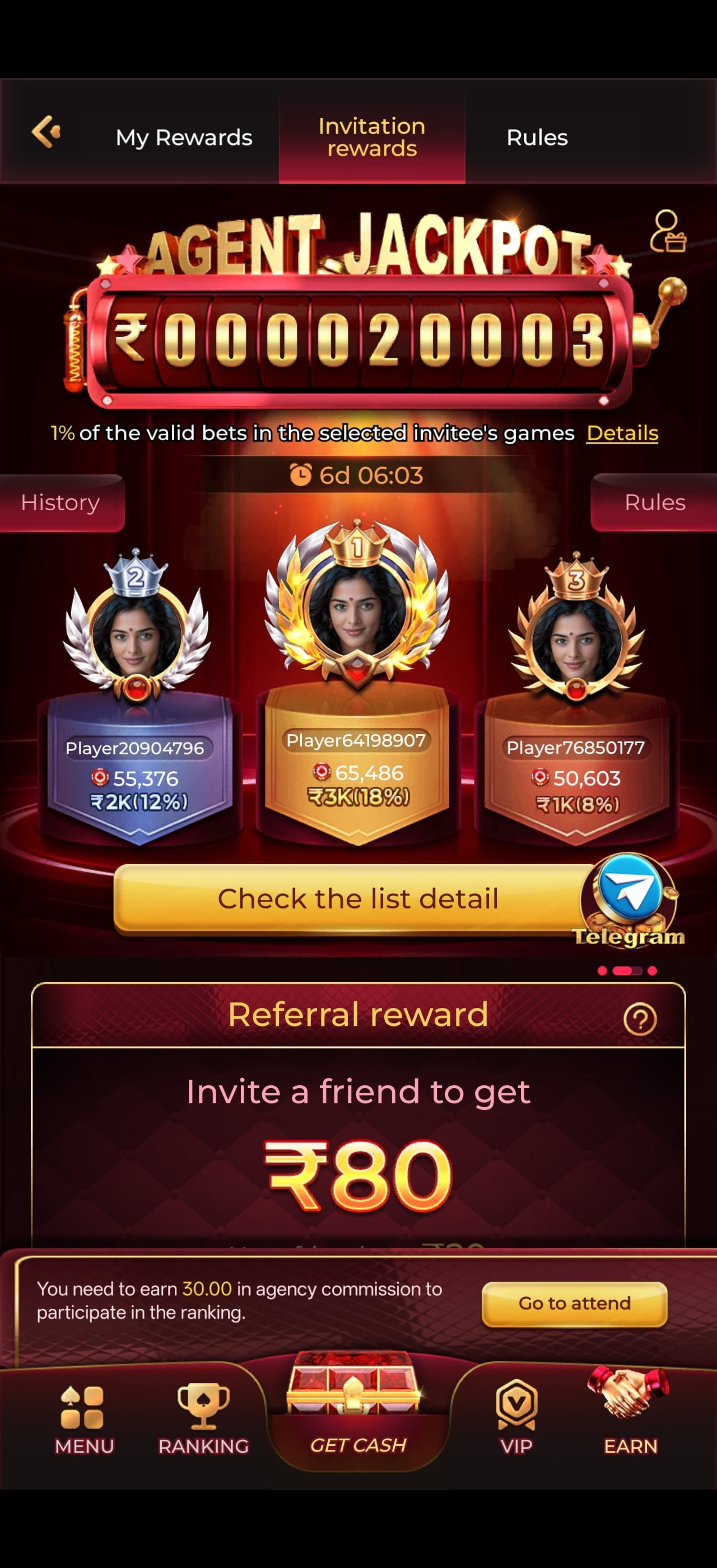 IN7 app agent jackpot leaderboard with referral reward amounts