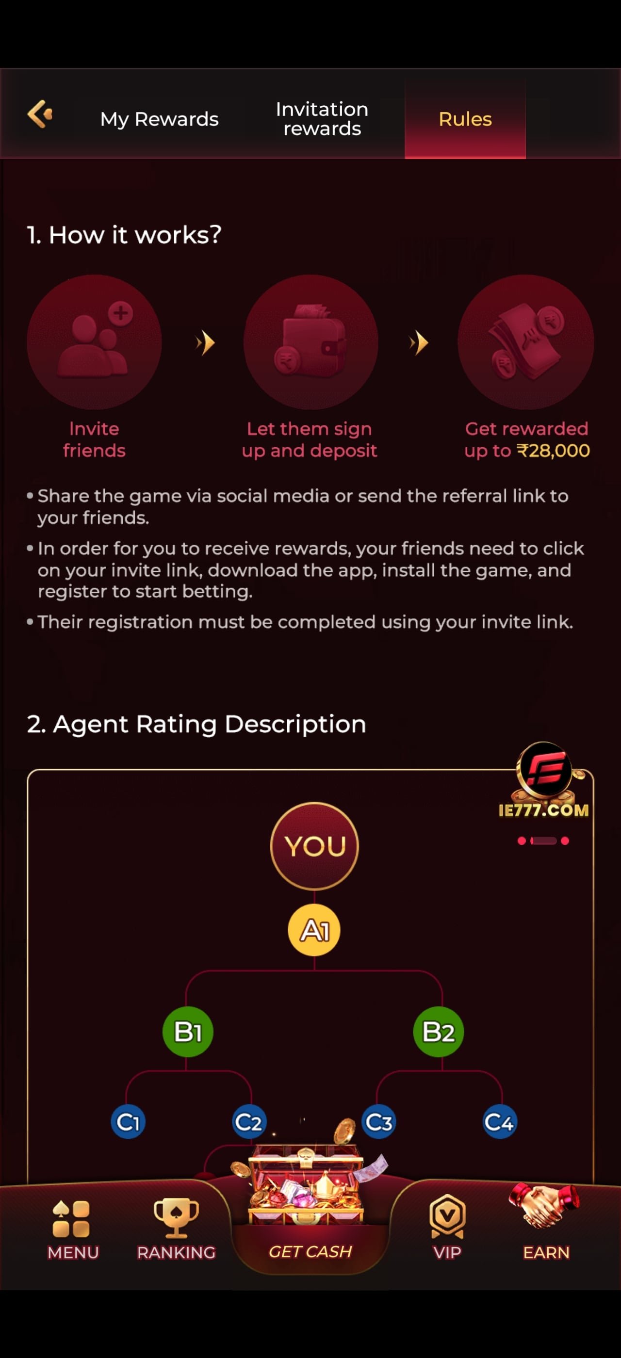 IN7 app referral programme rules explaining how invitations and agent ratings work